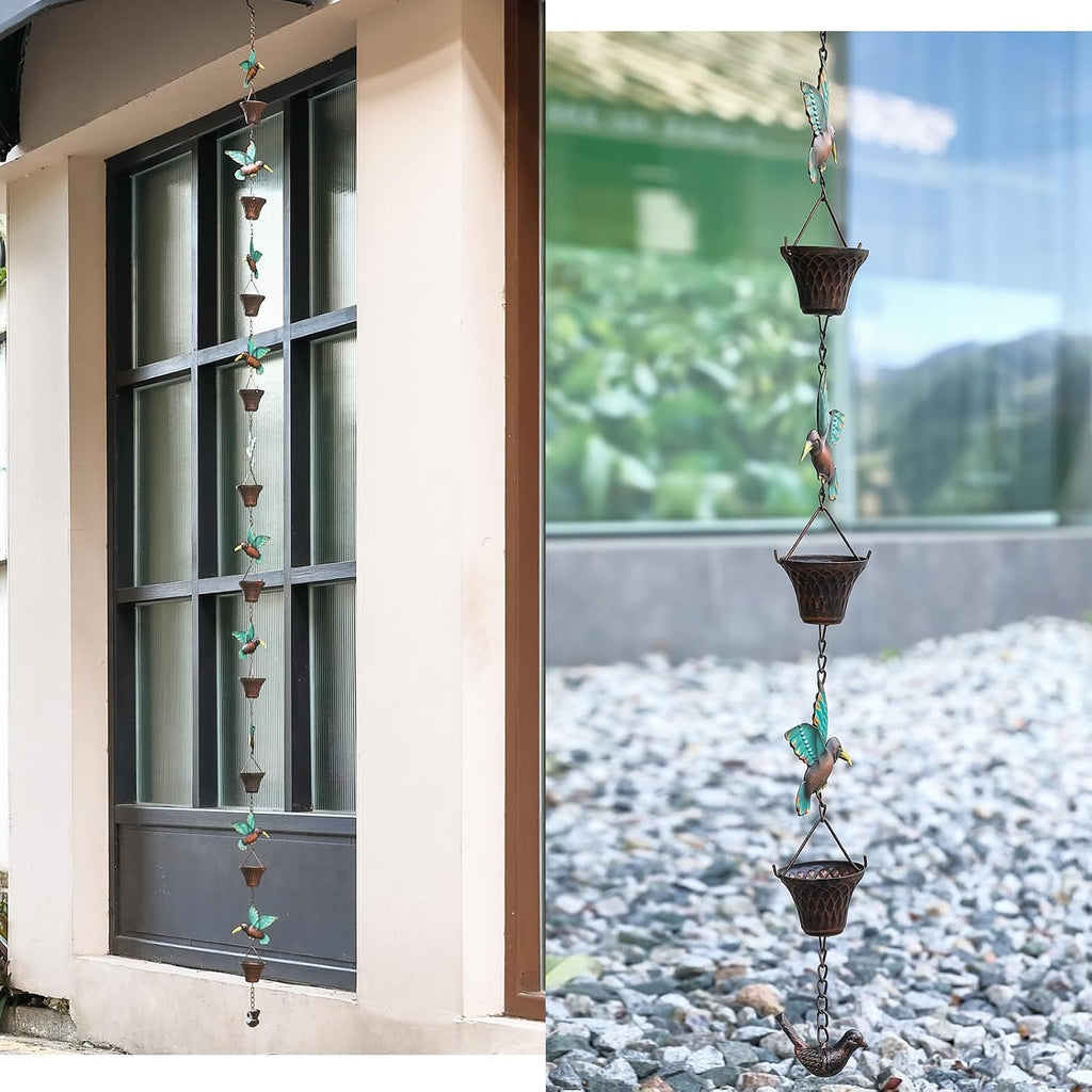 8.5FT Rain Chain, Hummingbird and Cup Rain Chains for Gutters and Downspouts | Metal Decorative Rainwater Catcher