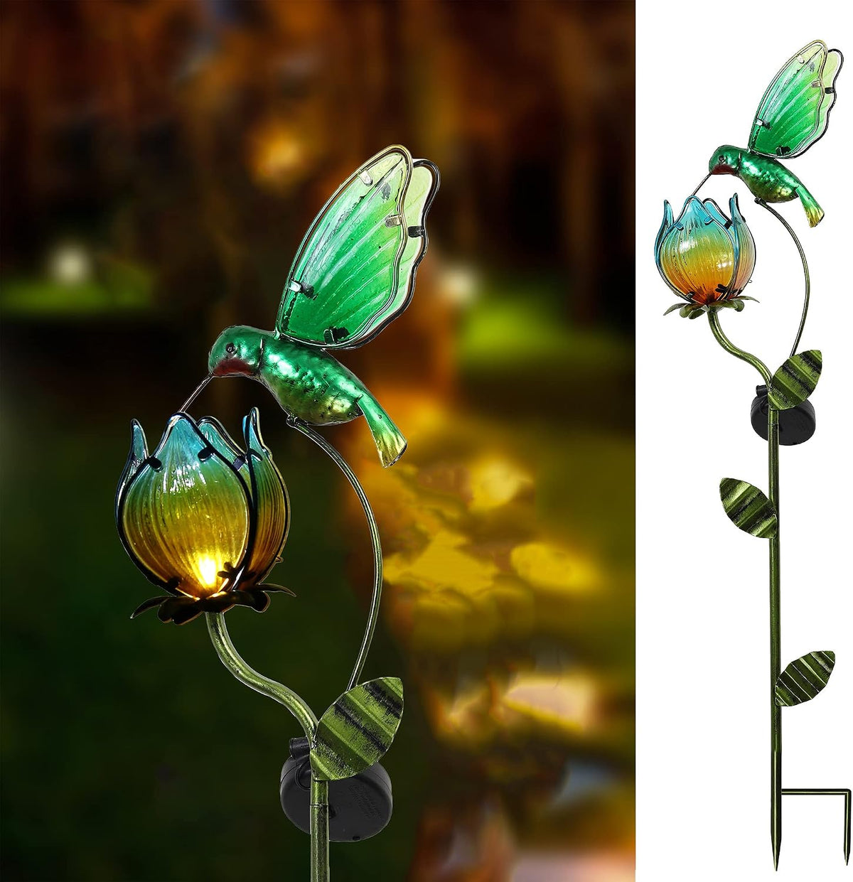 TERESA'S COLLECTIONS Glass Flower Bird Pathway Solar Outdoor Light for Garden Decor, 39'' Tulip and Hummingbird Metal