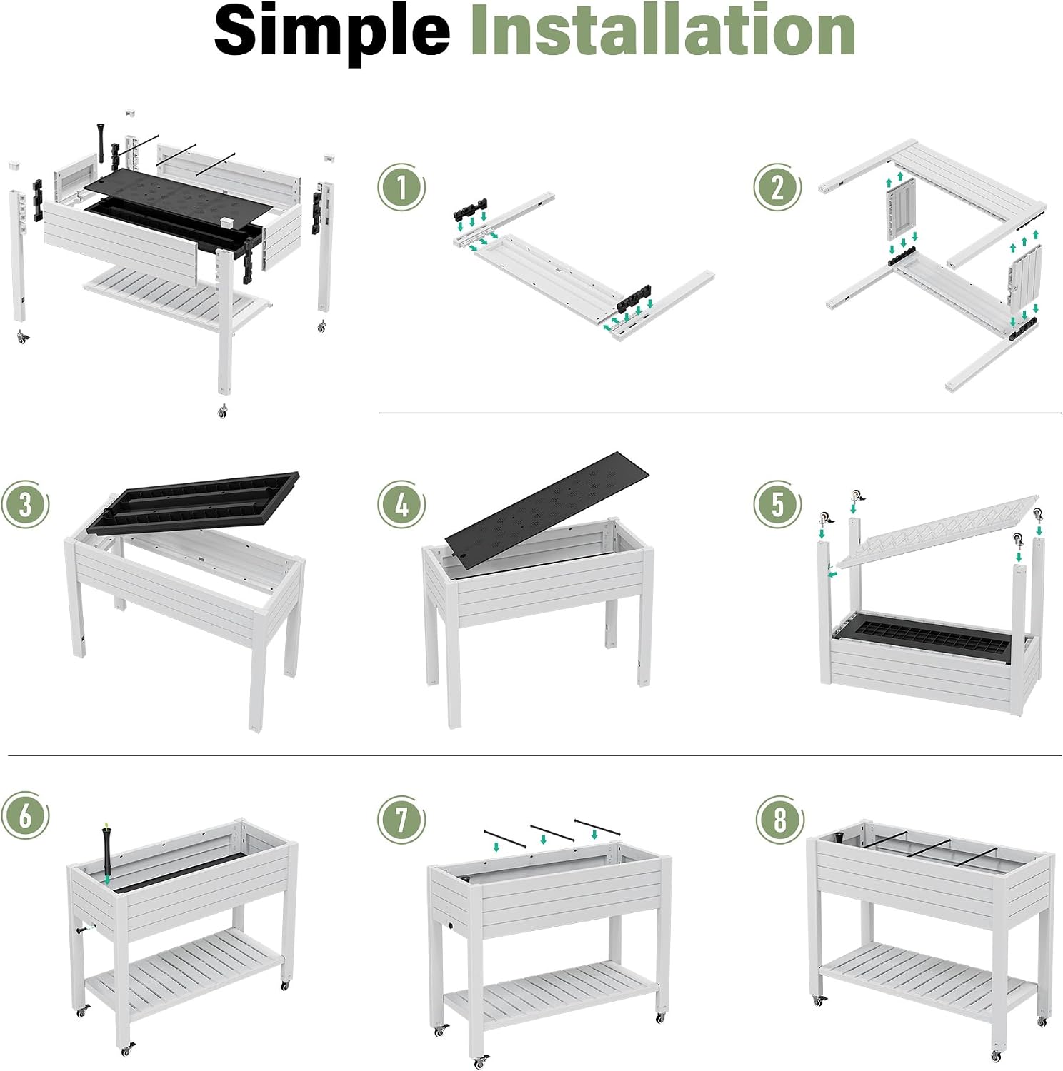 Elevate 33.7" Tall Raised Garden Bed with Wheels, Divisible Resin Planter Box with Drainage Gauge & Storage Shelf, Herb