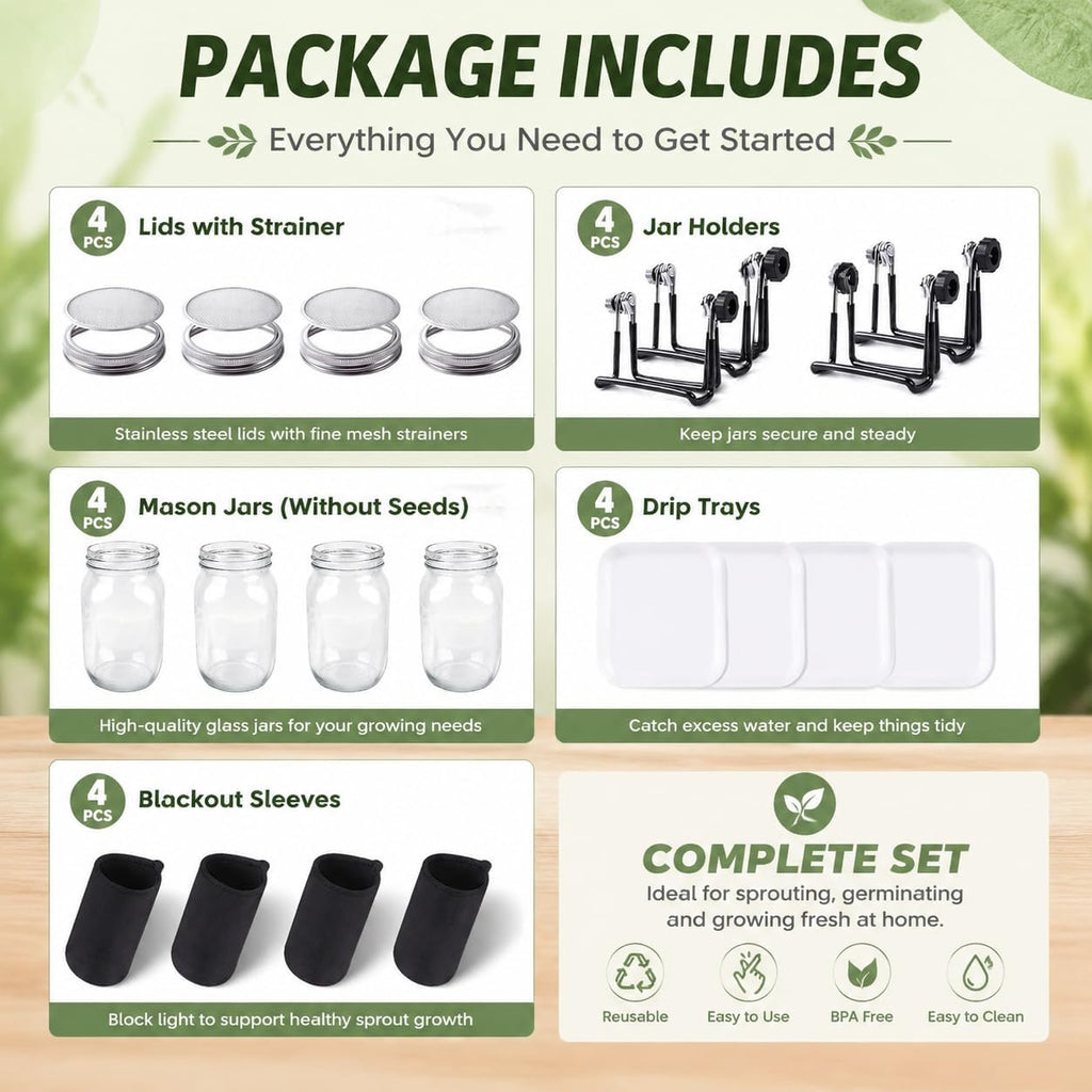 Seed Sprouting Jar Kit, 4 Pack 1000ml/34oz Mason Jars with Stainless Steel Lids, Stand, Tray & Brush for Fresh Sprouts