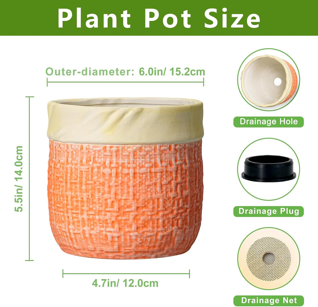 Ceramic Pots for Plants, 6 Inch Planter, Round Plant Pot, Orange | Boho Plant Pot for Indoor Plants, Decorative Flower