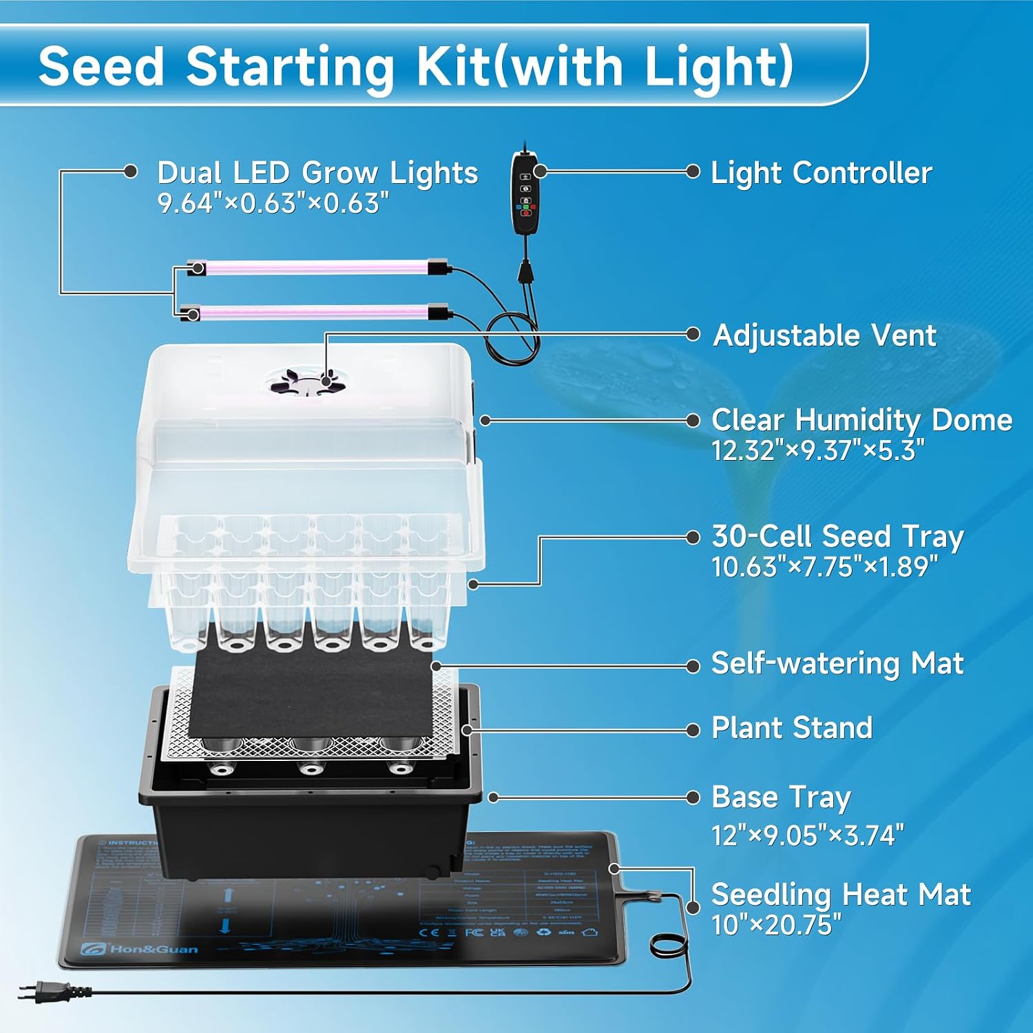 Hon&Guan 30-Cell Seed Starting Kit with Heat Mat and LED Grow Lights | 30-cell PP seedling tray, 5.3" dome with vents