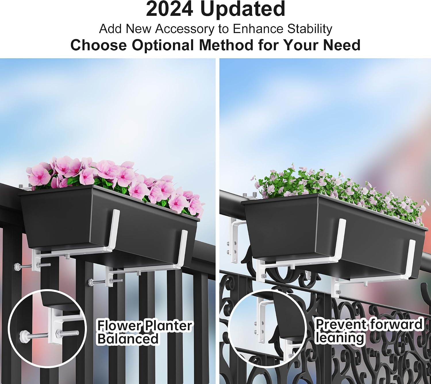 Y&M 6 Pcs Deck Railing Adjustable Planter Box Brackets (6 to 12.5 in), Universal Heavy Duty Iron Flower Box Brackets