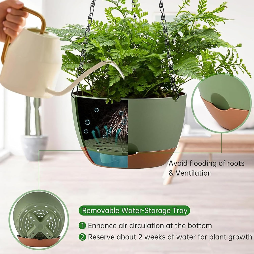 Set of 2-8 Inch Hanging Planters for Indoor Outdoor Plants | Self-Watering Hanging Flower Pots with Drainage Hole &