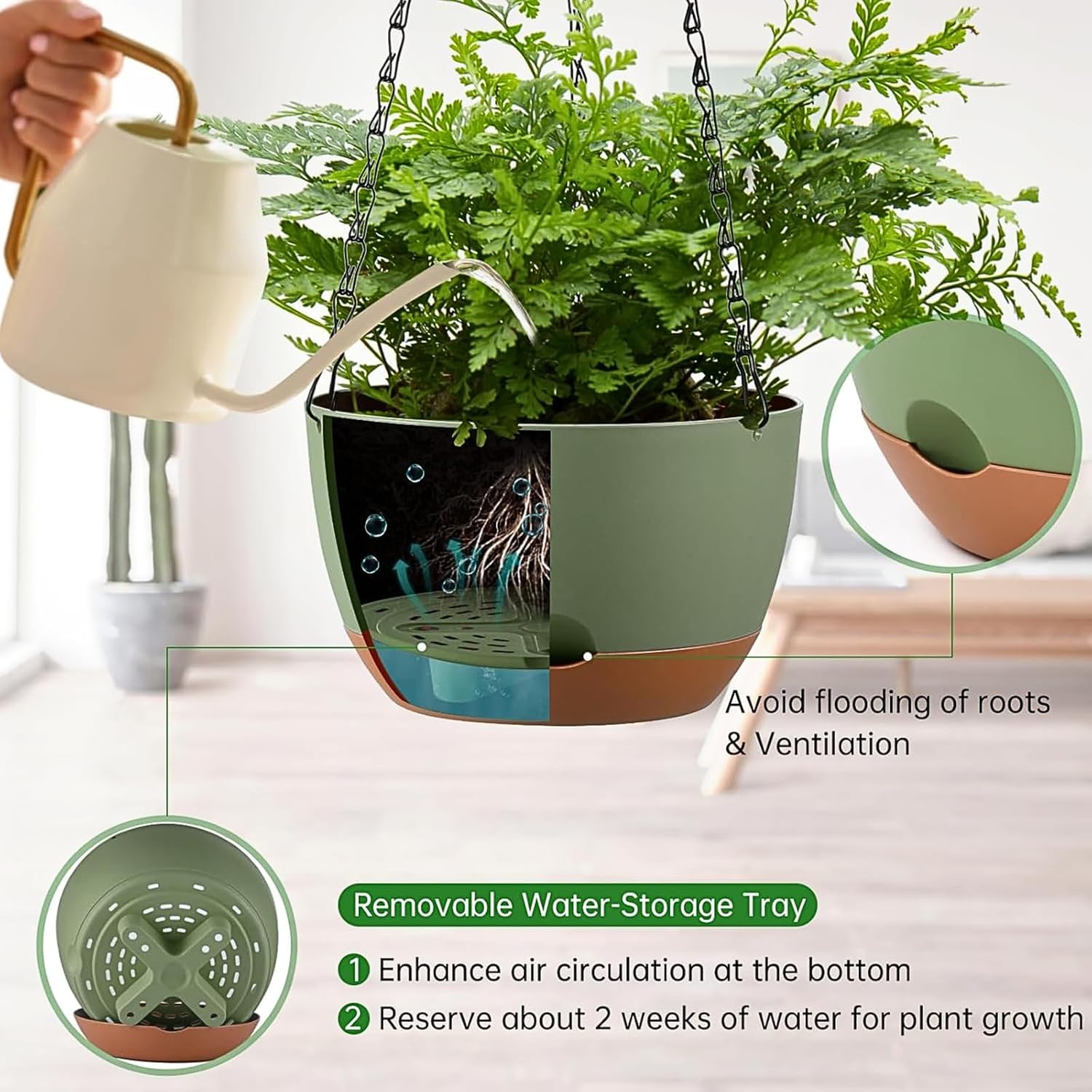 Set of 2-8 Inch Hanging Planters for Indoor Outdoor Plants | Self-Watering Hanging Flower Pots with Drainage Hole &