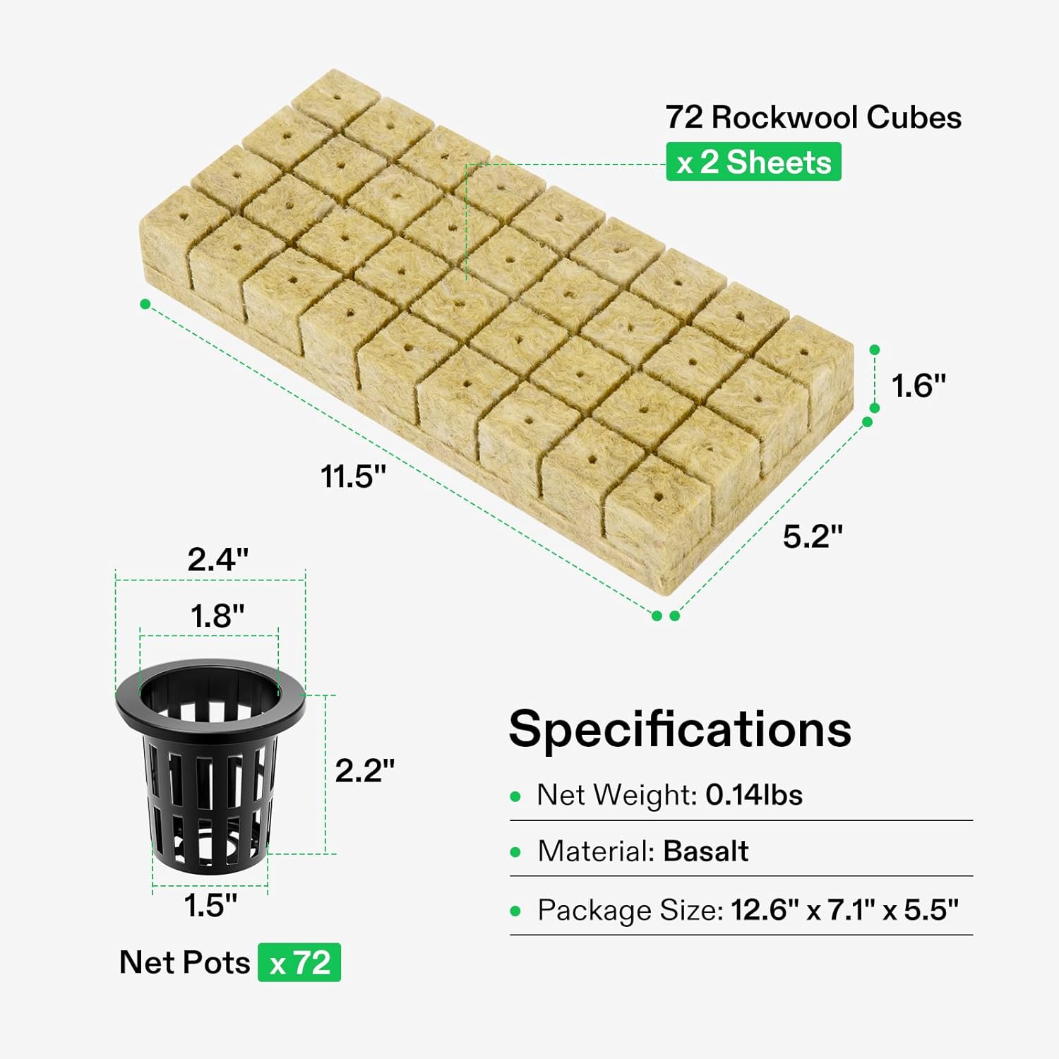 VIVOSUN 72 Rockwool Cubes & Net Pots Set for Hydroponics | 1.2" x 1.2" x 1.6" Cubes, 2" Net Cups for Hydroponic