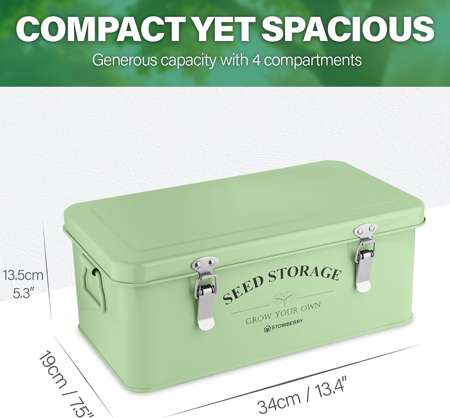 Seed Storage Box Organizer – Green Garden Seeds Tin with Lid, Side Handles, 4 Compartments & Safety Lock – Seed Packet