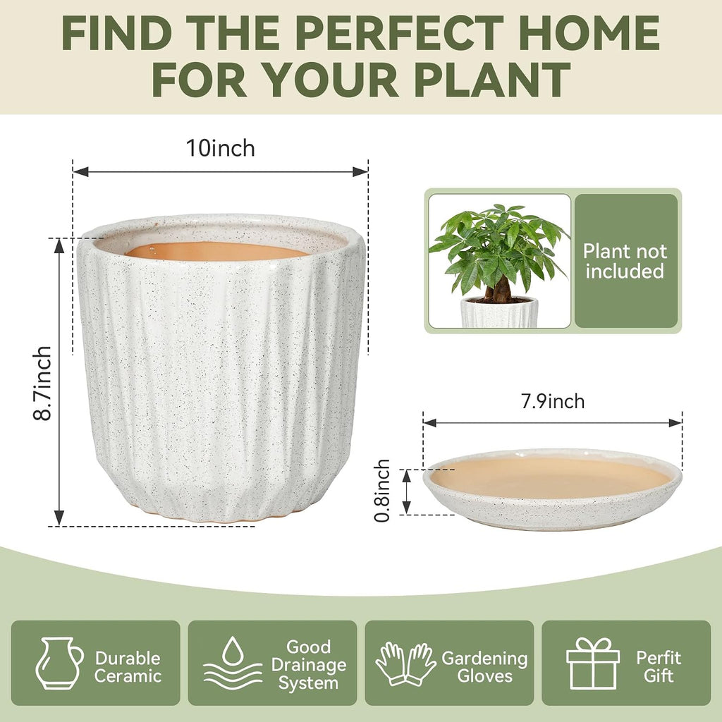 10 Inch Ceramic Planter Pot with Saucer Drainage Leak-Proof Mesh,Flower Pots for Indoor Plants with Gardening