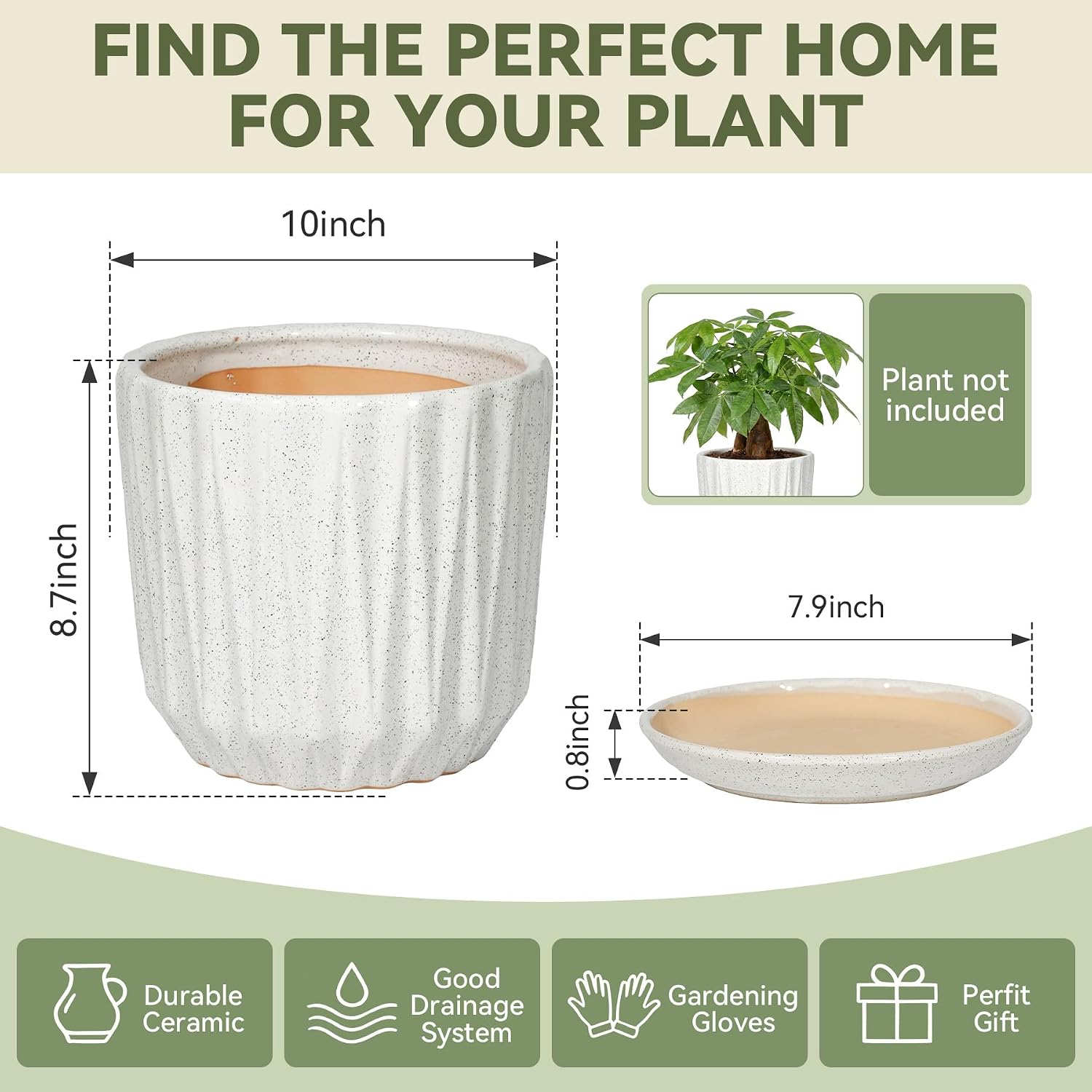 10 Inch Ceramic Planter Pot with Saucer Drainage Leak-Proof Mesh,Flower Pots for Indoor Plants with Gardening