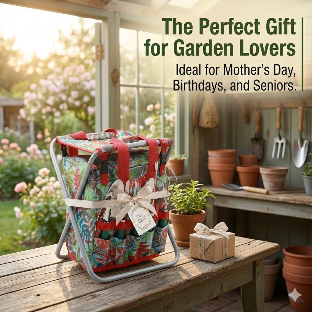 7-piece Garden Tool Set with Tote and Folding Stool Seat