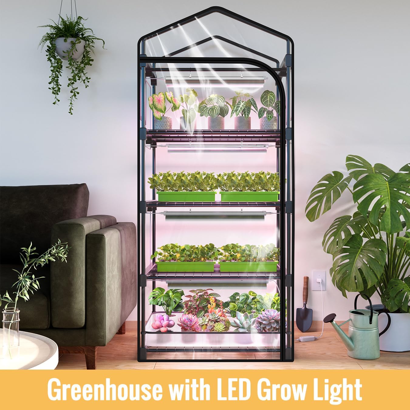 Indoor Greenhouse with Grow Light, 4-Tier Plant Stand, 27x19x63in | 1.64FT T5 Grow Light for Seedlings, PVC Tent with