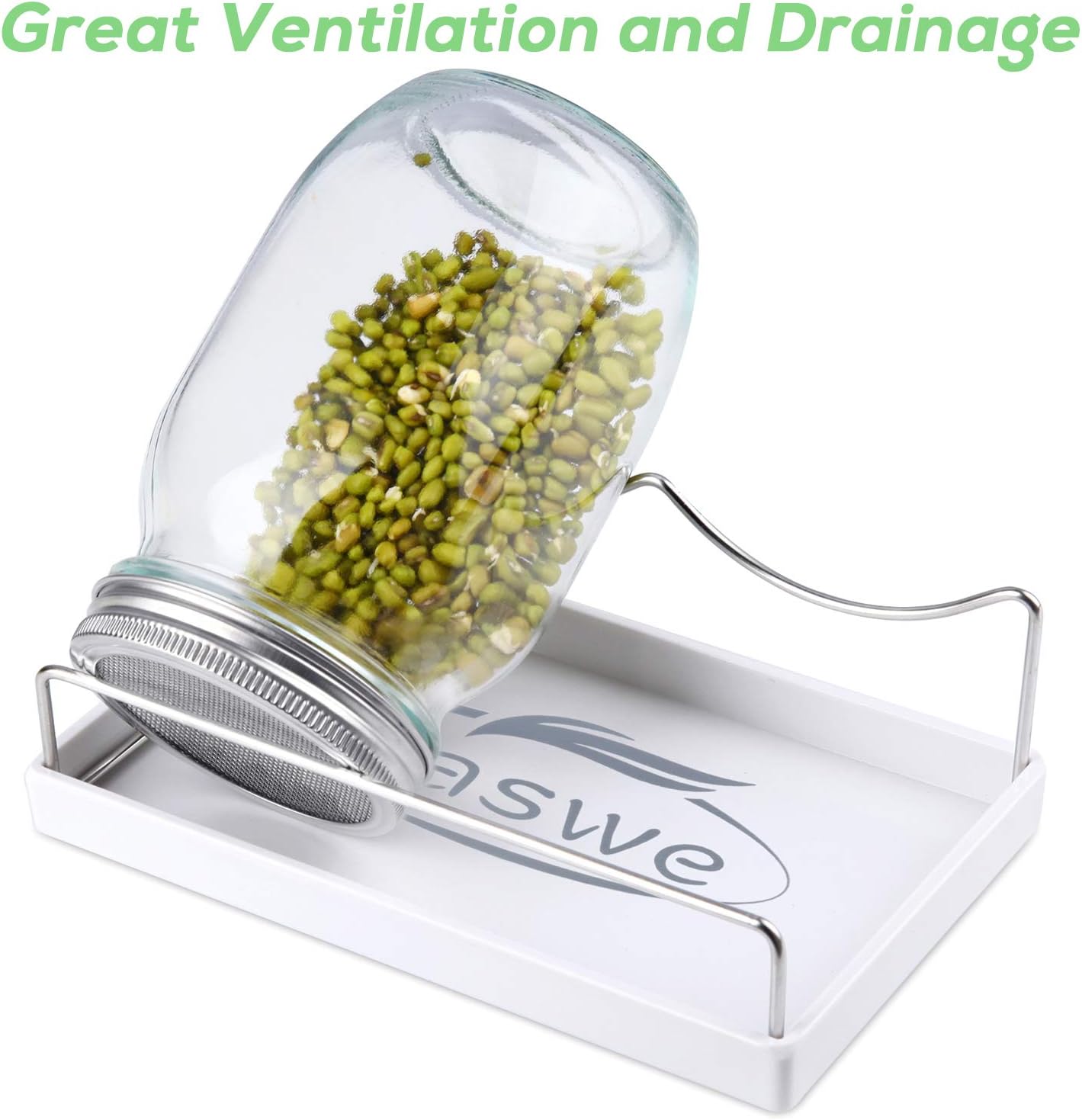 Sprouting Jar Kit-2 Wide Mouth Quart Mason Jars with 316 Stainless Steel Screen Sprout Lids, Drip Tray, Stand | Seed