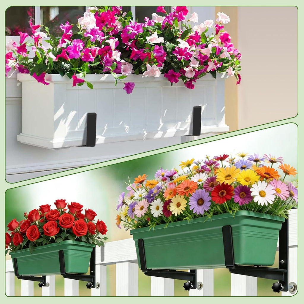 Heavy Duty Adjustable Window Box Brackets | Iron Planter Box Hangers, Reinforced Bottom Support, For Balcony, Fence