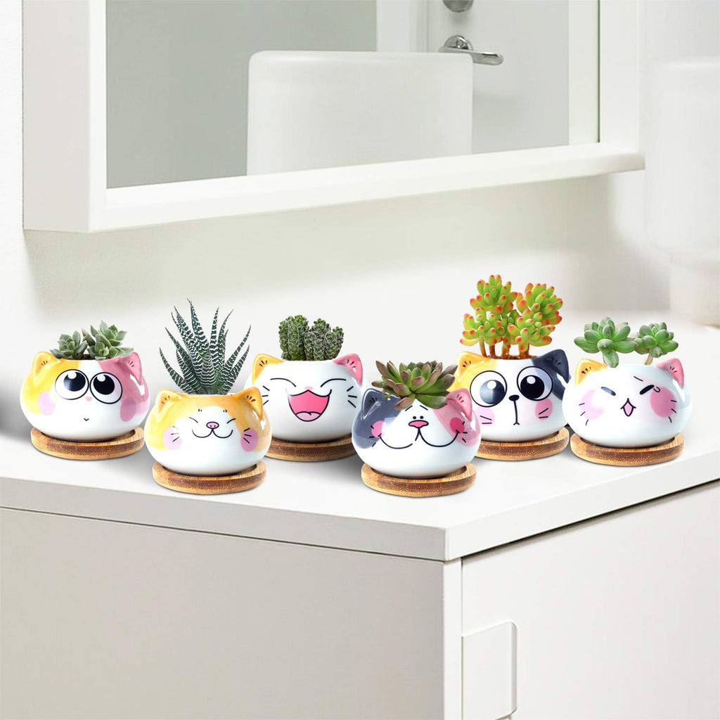 3.6Inch Cat Pot for Plant, Cat Planter Succulent Pot with Drainage Set of 6 | Tiny Animal Planter, Small Ceramic Air