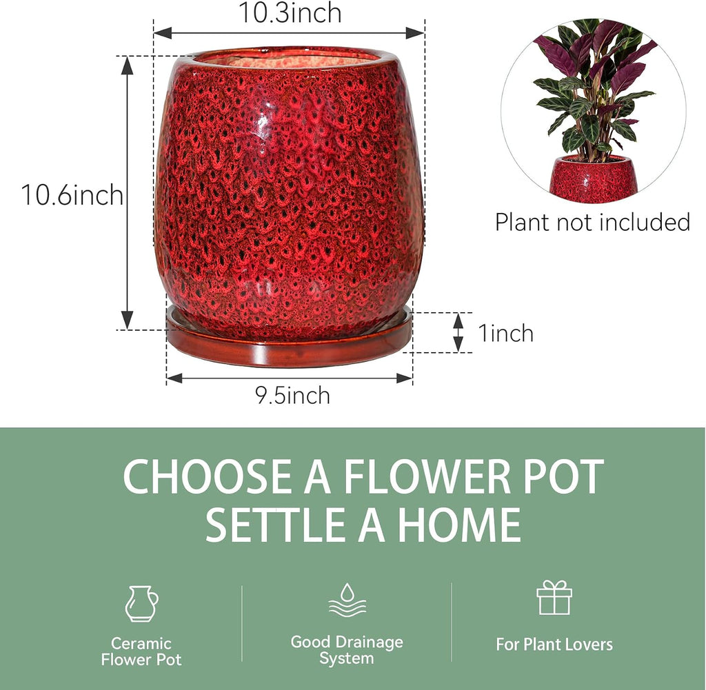 10.3 Inch Ceramic Glaze Plant Pot with Saucer, Flower Pots with Drainage Hole Mesh Net (Spot Red)
