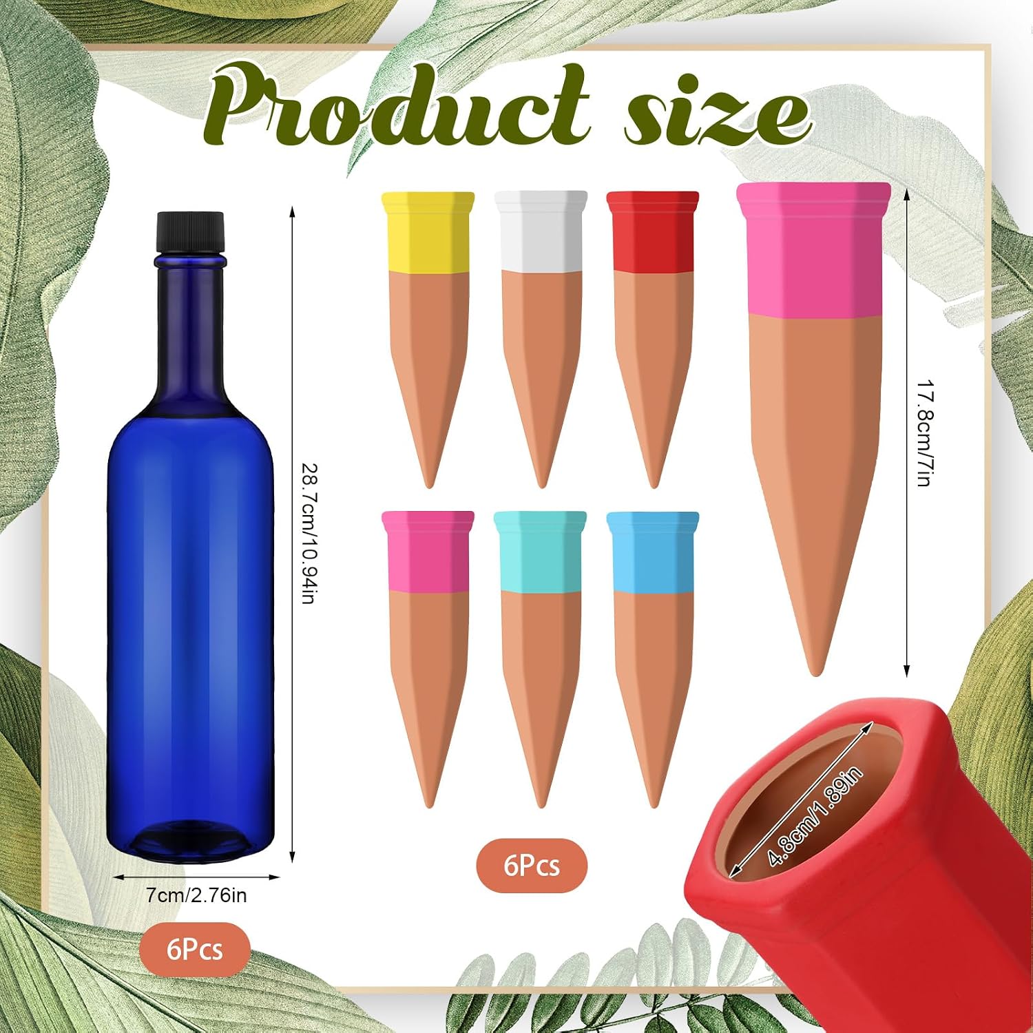 SiliFine 6 Sets Terracotta Watering Spikes,Blue and Mixed Color | 26 oz Bottles for Slow Release Watering, Self