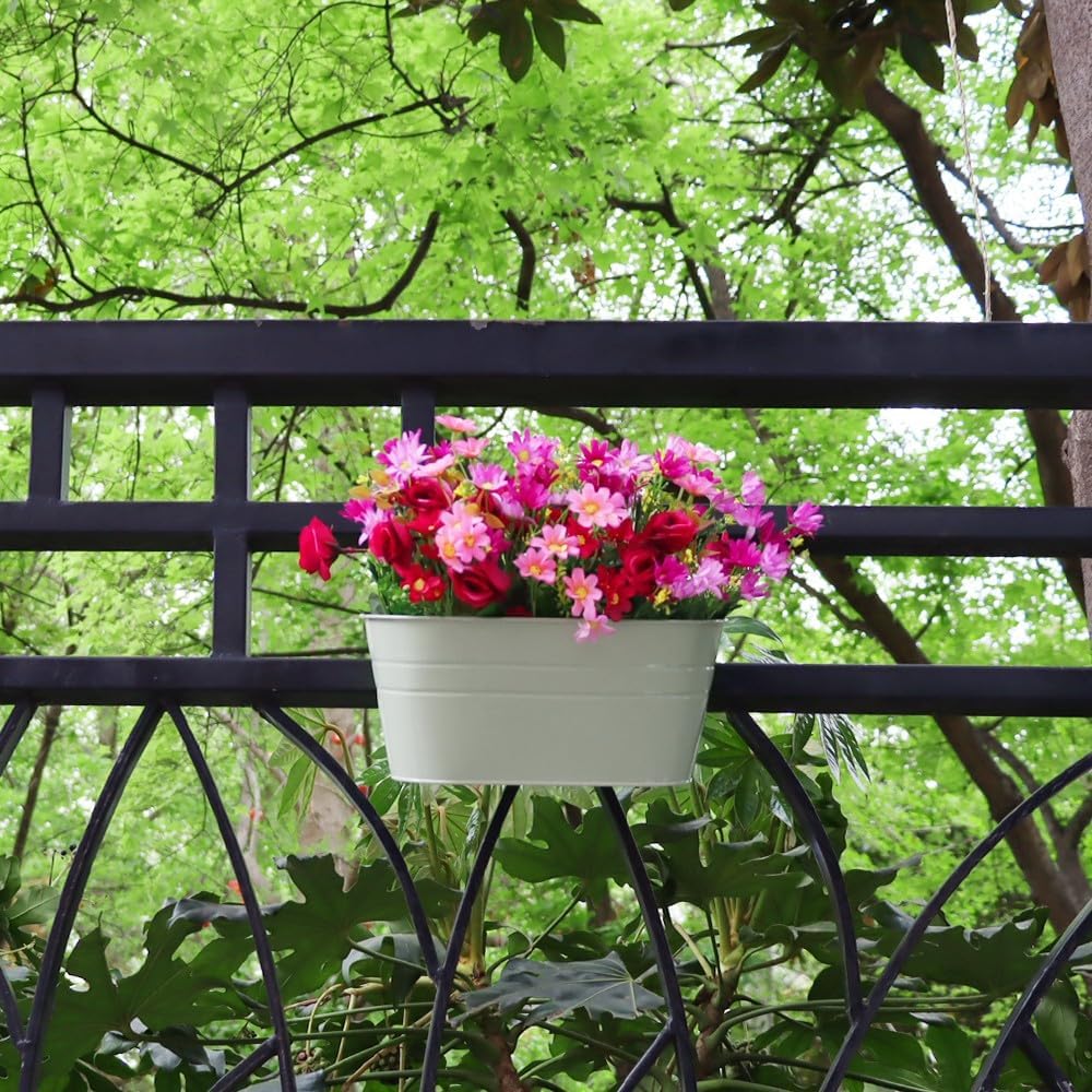 3 Pack Metal Railing Planters, 10.5" Oval Hanging Flower Pots with Detachable Hooks & Drainage Holes, Fits Rails up to