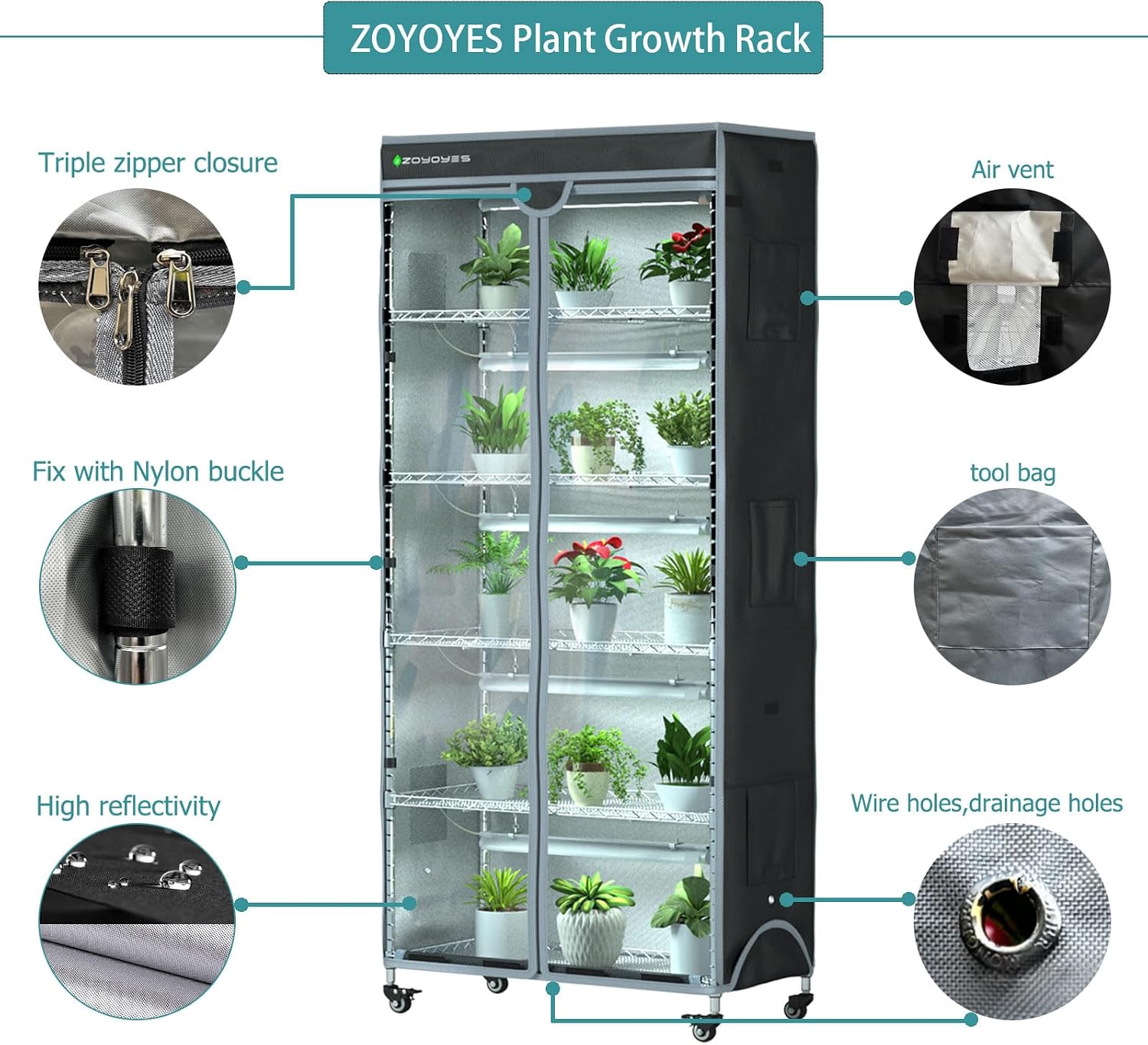 Indoor Greenhouse 6-Tier Plant Stand with Grow Lights & Cover | Fully Covered, Thermometer & Timer | 5 Sets T8 Lights
