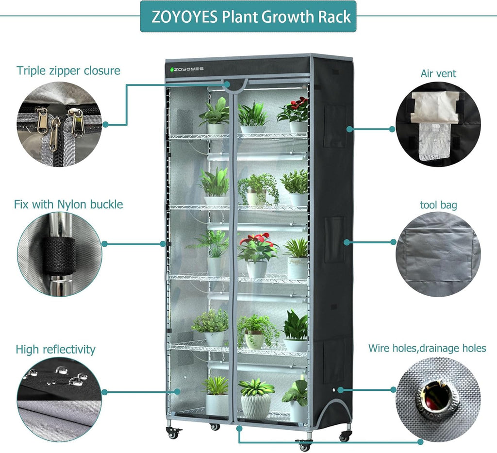 Indoor Greenhouse 6-Tier Plant Rack with Cover & 5 T8 Grow Lights | Thermometer & Timer – Seedlings, Flowering, Herbs &