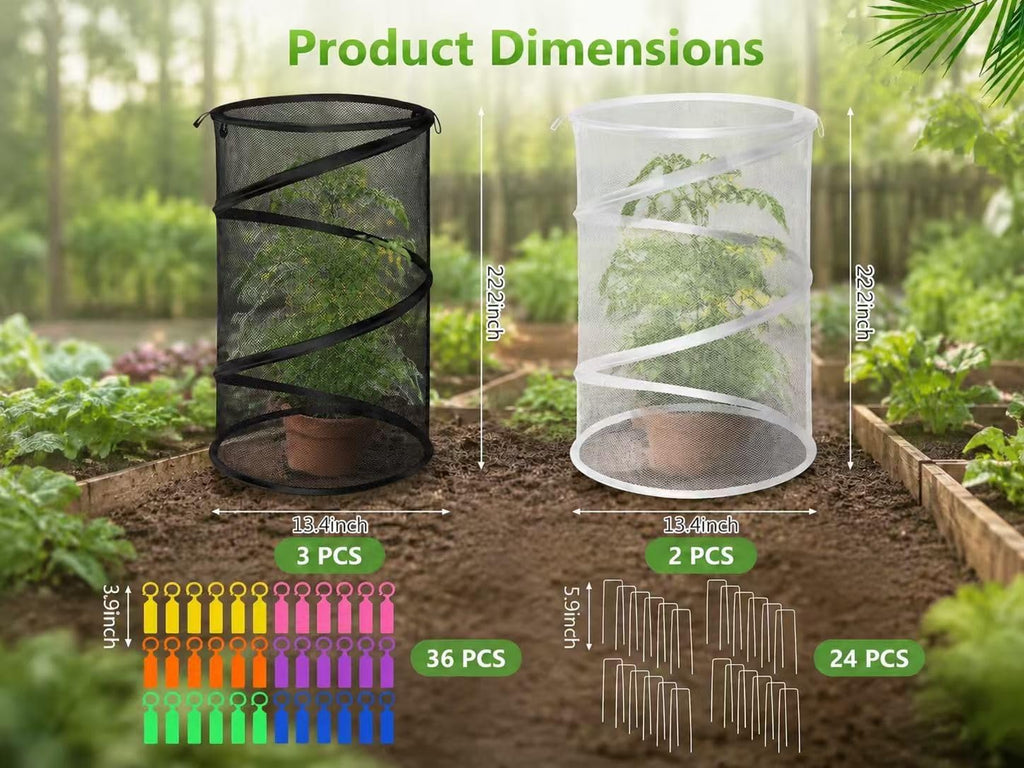 5 Pack Pop Up Insect Barrier Plant Cover, 20''H x 13''D Pop Up Fine Mesh Plant Protector with 24 Stakes 36 Labels Carry