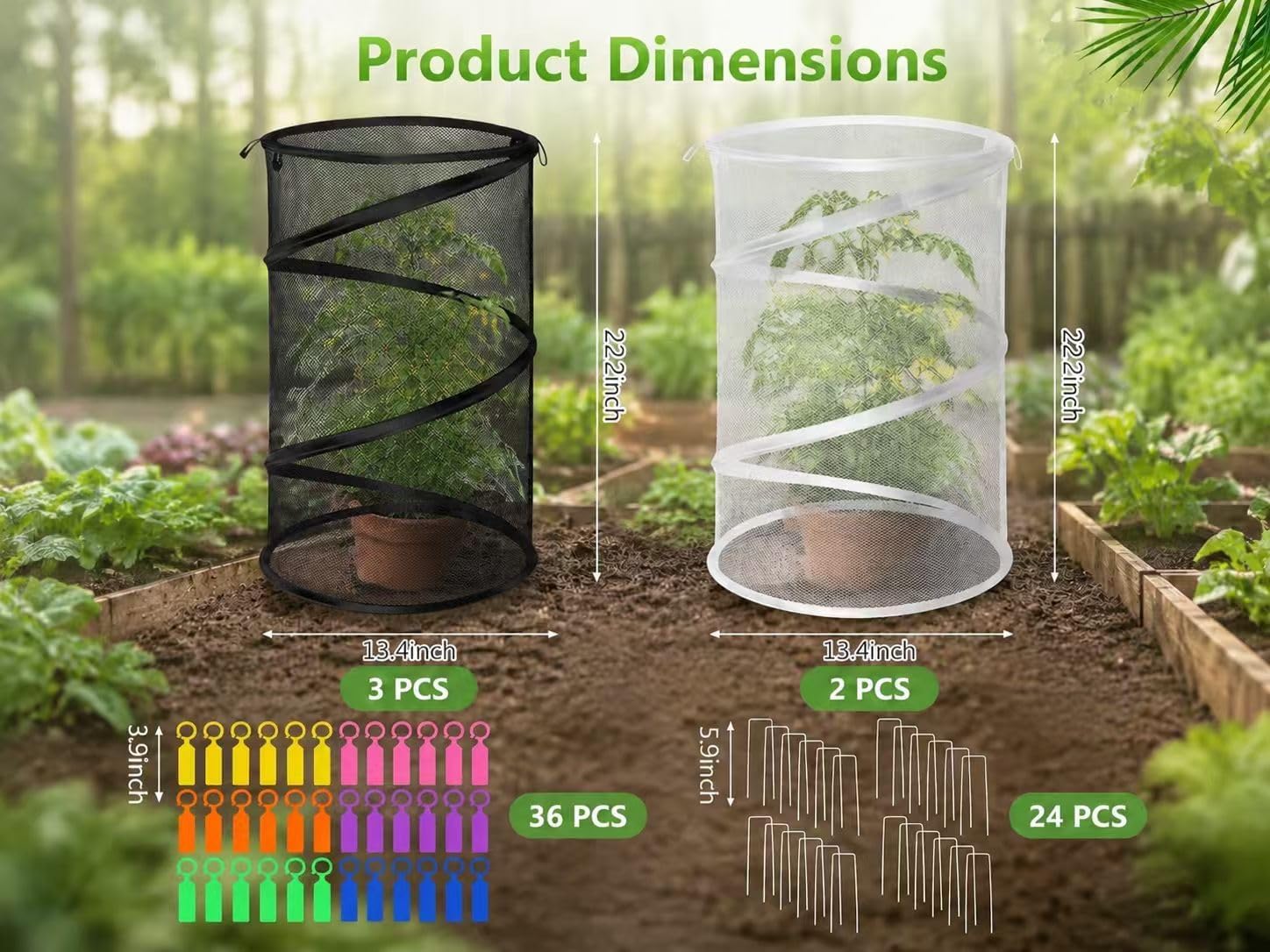 5 Pack Pop Up Insect Barrier Plant Cover, 20''H x 13''D Pop Up Fine Mesh Plant Protector with 24 Stakes 36 Labels Carry