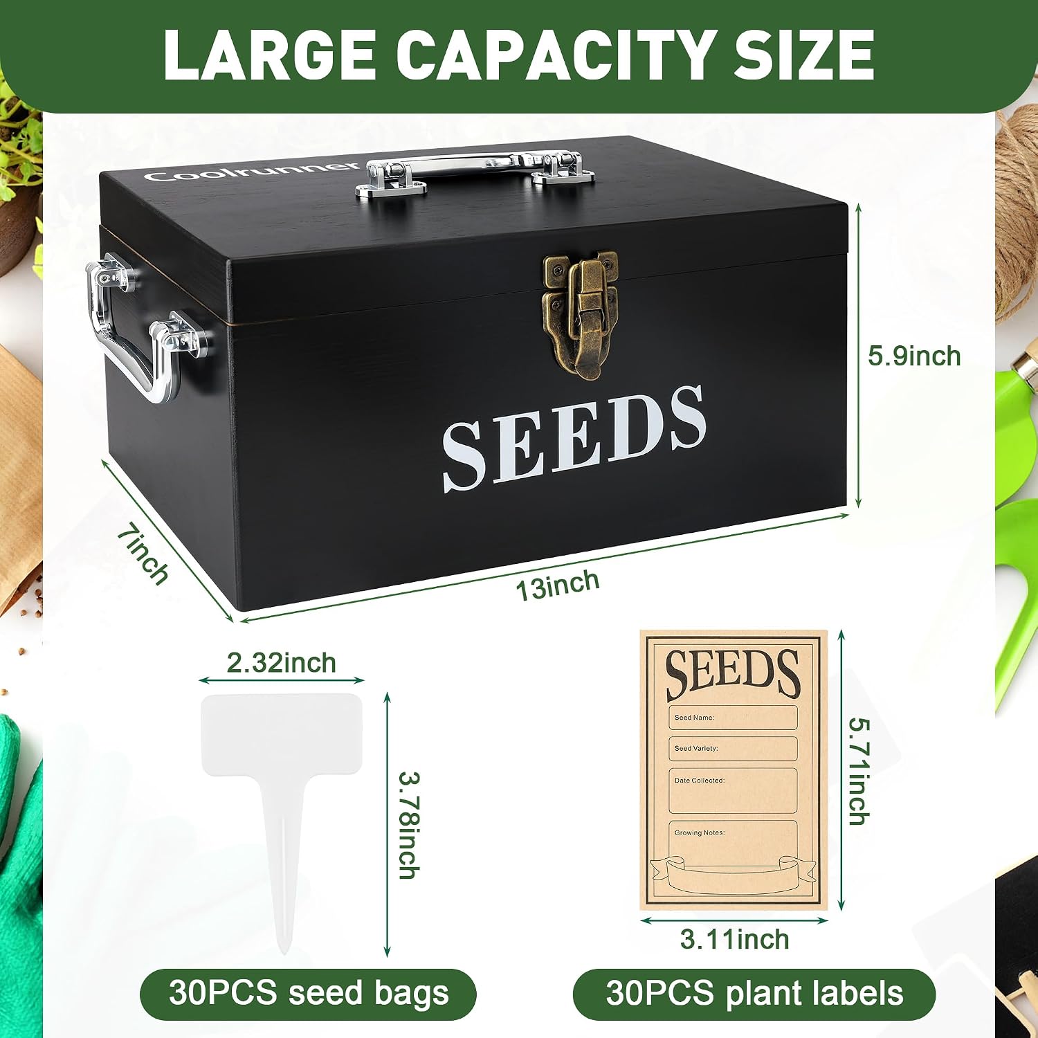 Coolrunner Wood Seed Saving Box, Seed Storage Organizer Case | Seed Packet Storage Organizer with Lock and 3 Handles