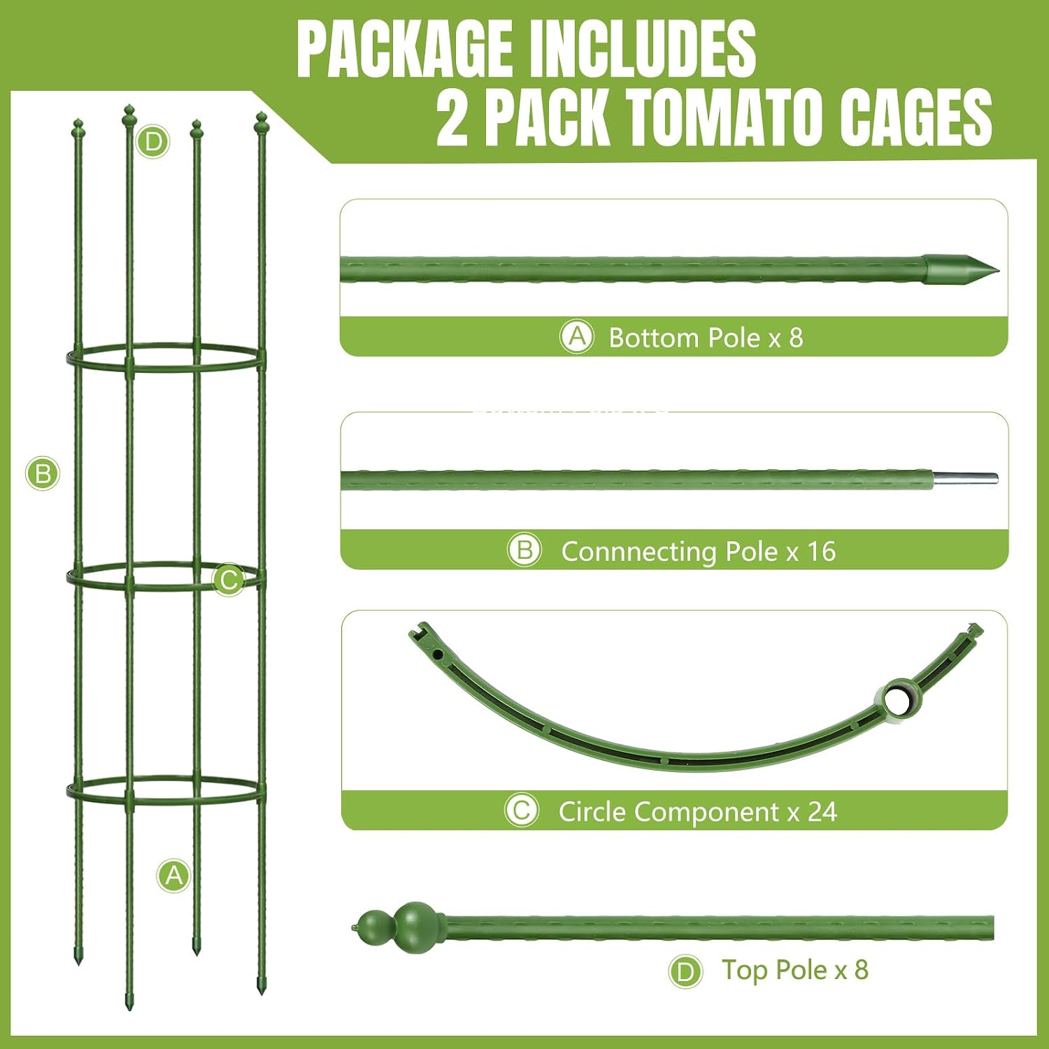 2 Pack Up to 59 Inch Height Adjustable Tomato Cages for Garden | Heavy duty, Rust-resistant trellis, Adjustable height