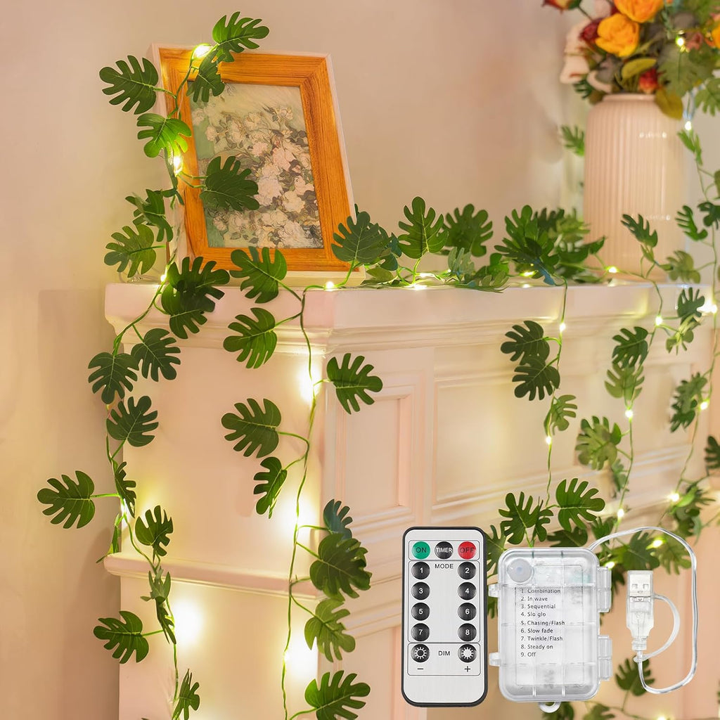 suddus 33FT Monstera Vines with Lights Battery & USB Powered Copper Wire
