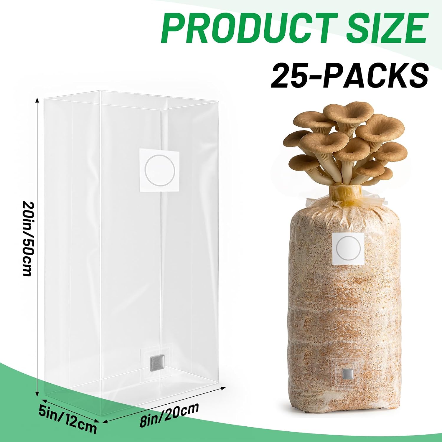 GREANER Mushroom Grow Bags 6 Mil, 8"x5"x20" Thick Autoclave Spawn Bags with Injection Port for Your Grain-25PCS