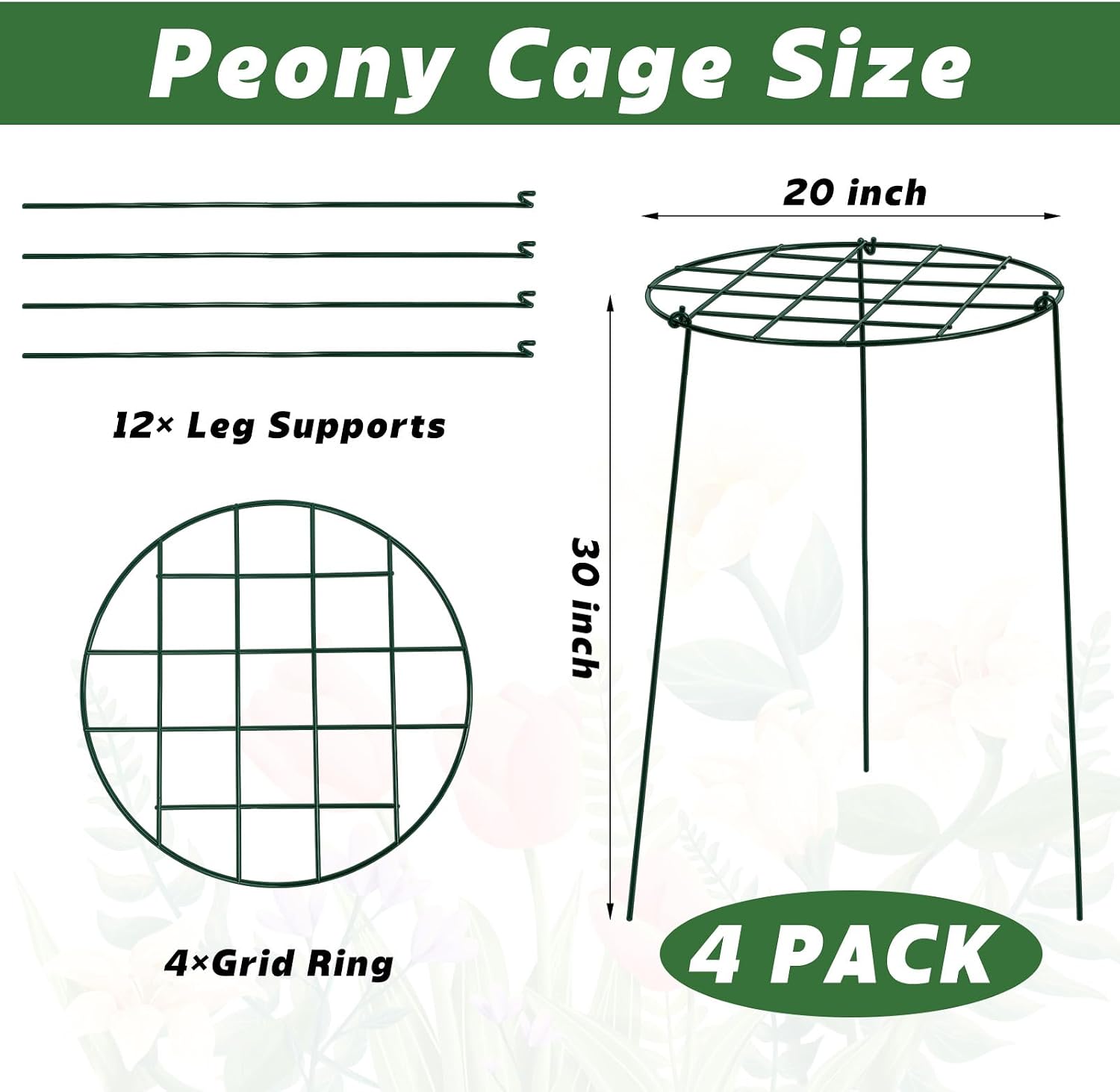 4 Pack Round Peony Cages and Supports 20 x 30 Inches (D x H) Grow Through Grid Plant Brace Plant Support Stake Heavy