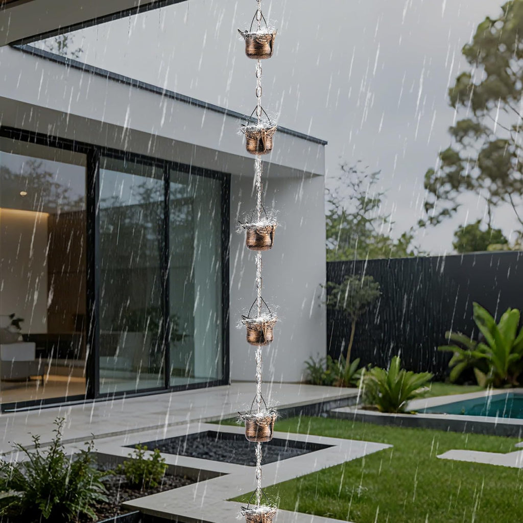 Metal Rain Chains for Gutters, Decorative Cup & Petal Rain Catcher Chains, Outdoor Garden Downspout Diverter Ornaments