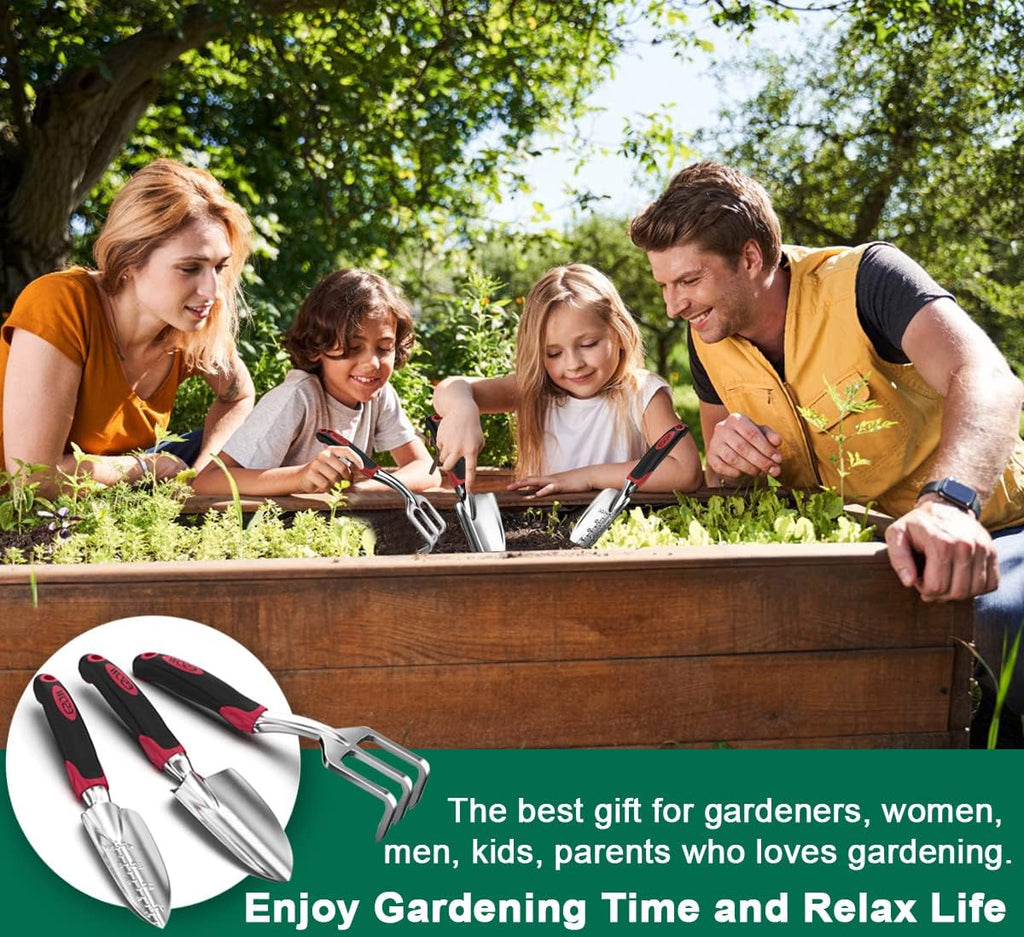 Garden Tool Set 3 Pc, Cast-Aluminum Heavy Duty - Trowel, Rake, Red | Non-slip rubber handle, ergonomic. Rustproof