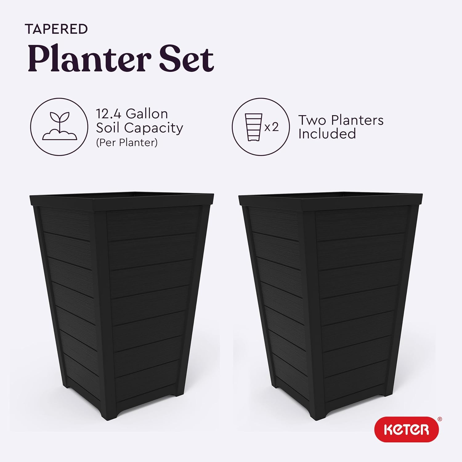 Keter Set of 2 Resin Modern Outdoor 22 Inch Tall Large Flower Pots, Tapered Wood Look Planters for Outdoor Plants and