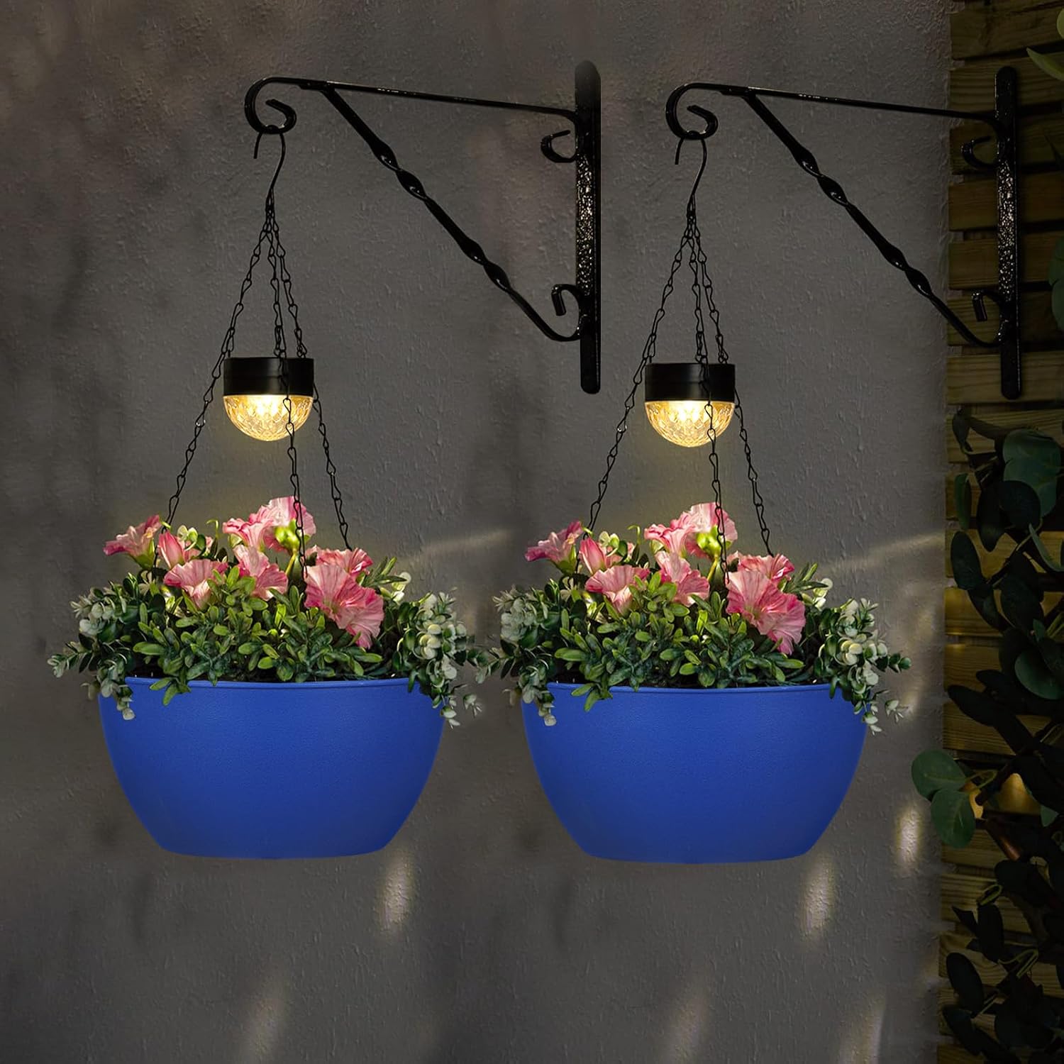 BAYN 2 Packs Solar Hanging Basket Planters for Plants Outdoor | Self Watering, Blue Flower Pots with Solar Light