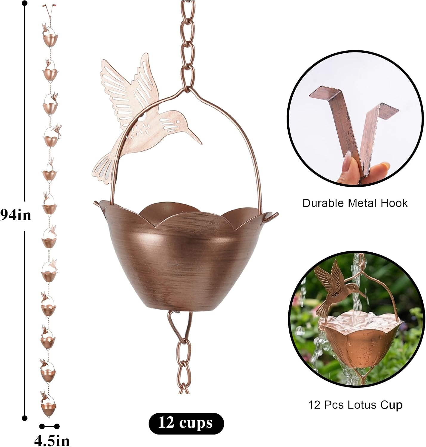 DUSVALLY 8FT Hummingbird Rain Chain for Gutters, Copper-Tone Metal | 12 Flower Cups • Hummingbird Design • Copper-Tone