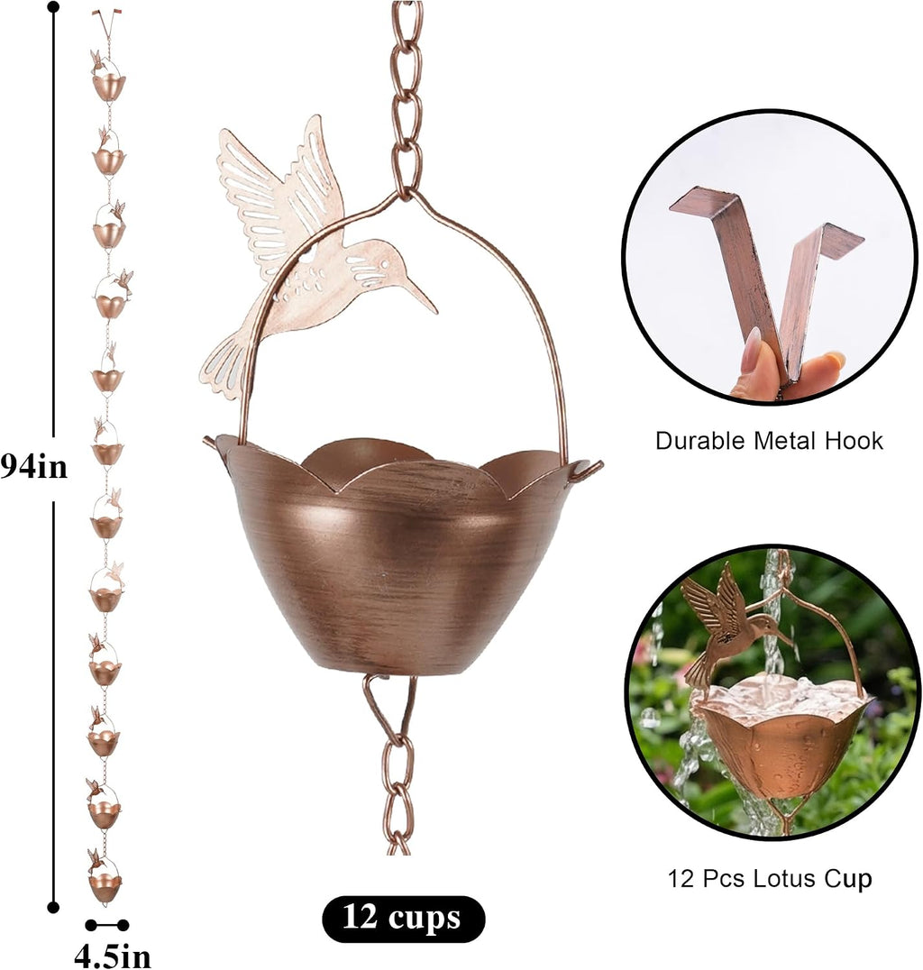 8.5FT Hummingbird Lotus Rain Chain for Gutters, Metal Rain Chain | 12 Cups, Adjustable Rain Catcher Chain with Bell for