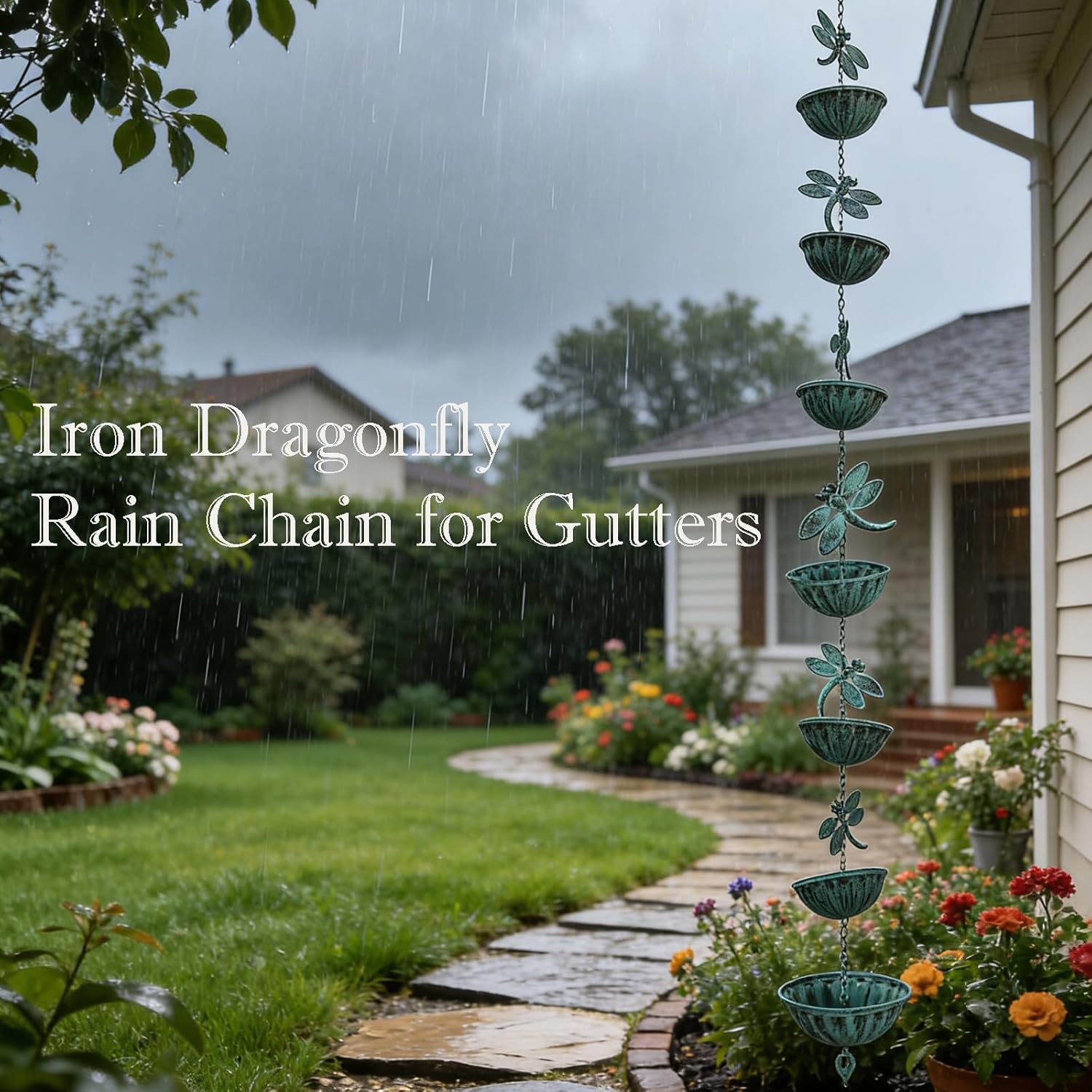 Iron Dragonfly Rain Chain for Gutters, 8.5-Feet Length, Distressed Blue