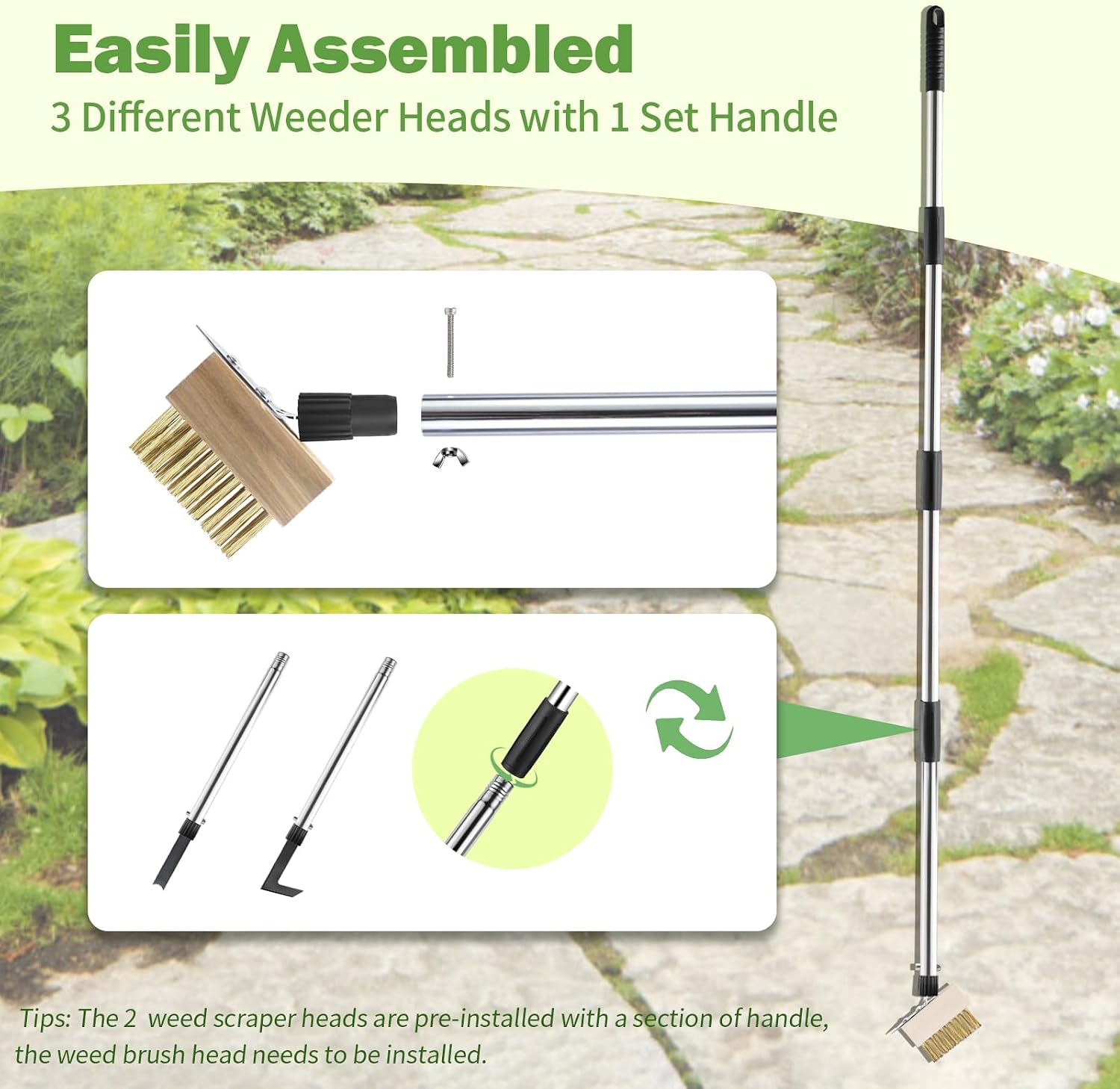 PIMEKOY Crack Weeder Tool Set, 3 Different Weed Remover Tool Head for Paver | 60" Long Handle Weed Scraper Tool, Moss