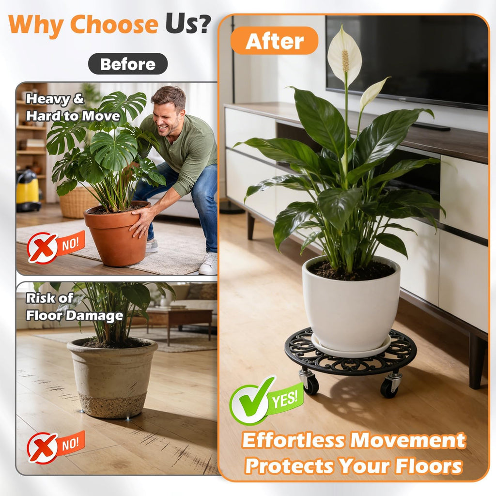 3 Pack Cast Iron Plant Caddy with Wheels Heavy Duty 11 Inch Plant Rollers | Planter Stand on Metal Wheel Round Roller