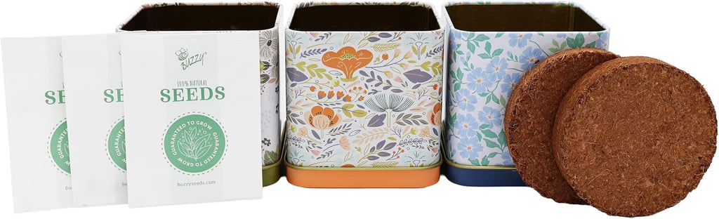 Buzzy Seeds Herbal Tea Garden Grow Kit 3-Pack - Metal Windowsill Planter - Complete Indoor/Outdoor Gardening Kit with