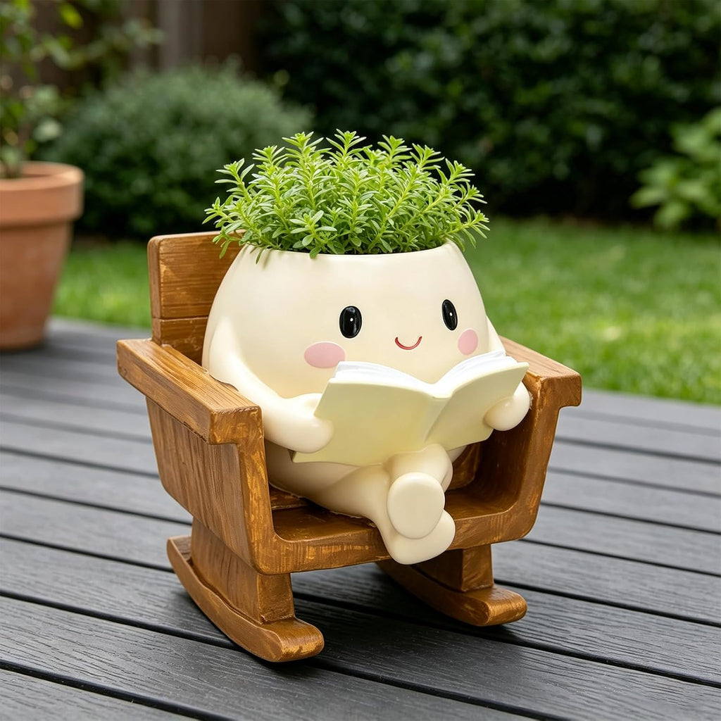 Cute Rocking Chair Smiley Face Planter Pot for Indoor Outdoor | Unique Book Garden Plant Pots with Drainage, Funny