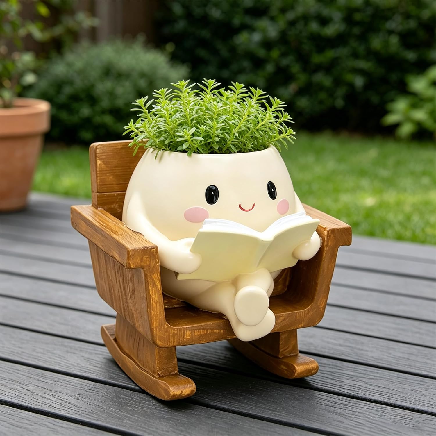 Cute Rocking Chair Smiley Face Planter Pot for Indoor Outdoor | Unique Book Garden Plant Pots with Drainage, Funny