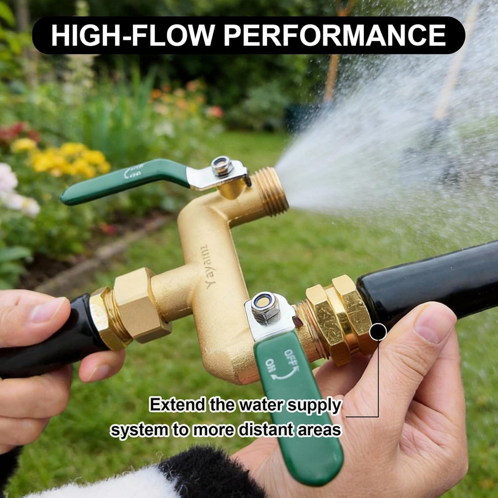 2 Way Garden Hose Splitter, 3/4" GHT Outdoor Water Spigot Splitter | Heavy Duty Solid Brass Body with Shutoff Valves &