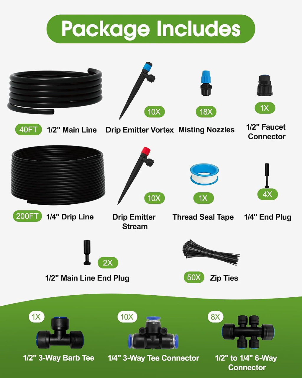 240FT Drip Irrigation System Kit, Quick-Connect Garden Watering System | 20FT 1/2" main, 200FT 1/4" drip line