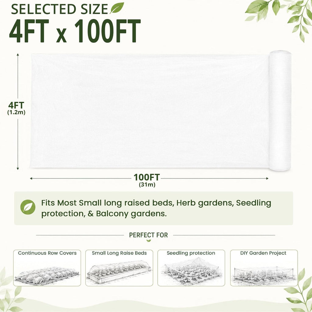 Roll Packed 4x100FT Garden Netting, Fine Mesh Insect Barrier for Plants | Mosquito Bug Bird Animal Pest Barrier Netting