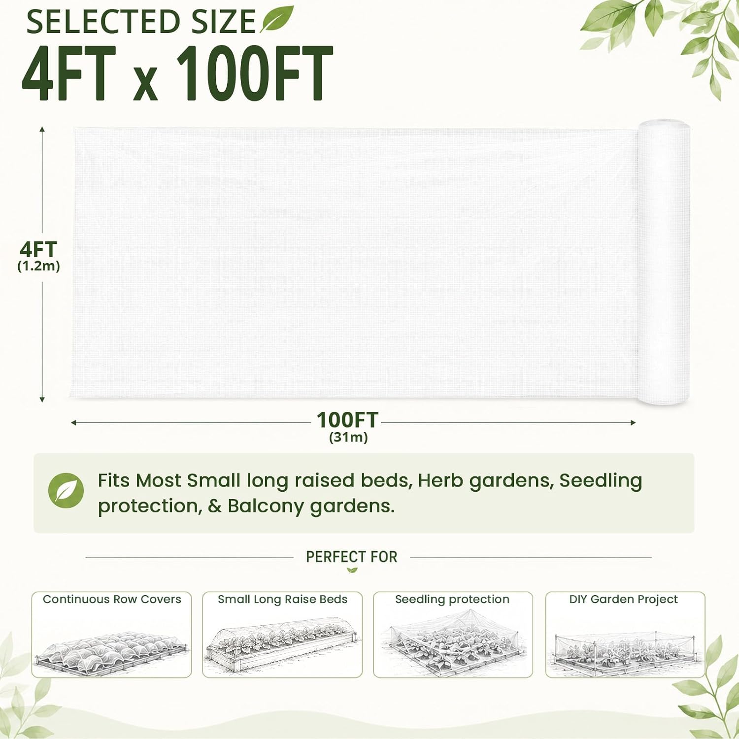 Roll Packed 4x100FT Garden Netting, Fine Mesh Insect Barrier for Plants | Mosquito Bug Bird Animal Pest Barrier Netting