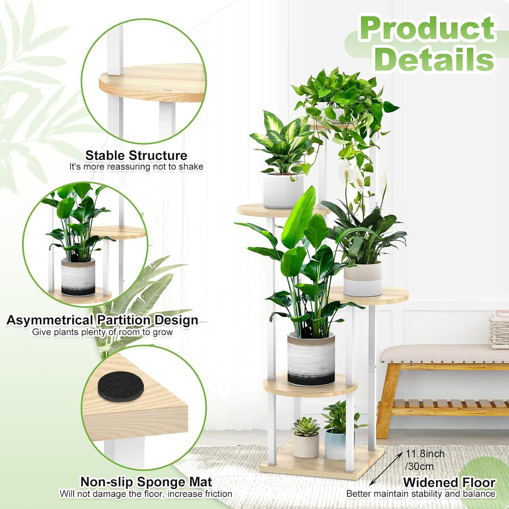 5 Tier Wood Tall Plant Stand Metal Rack Indoor, Multiple Flower Pot Holder Shelves Corner Rack, Round Planter Shelf