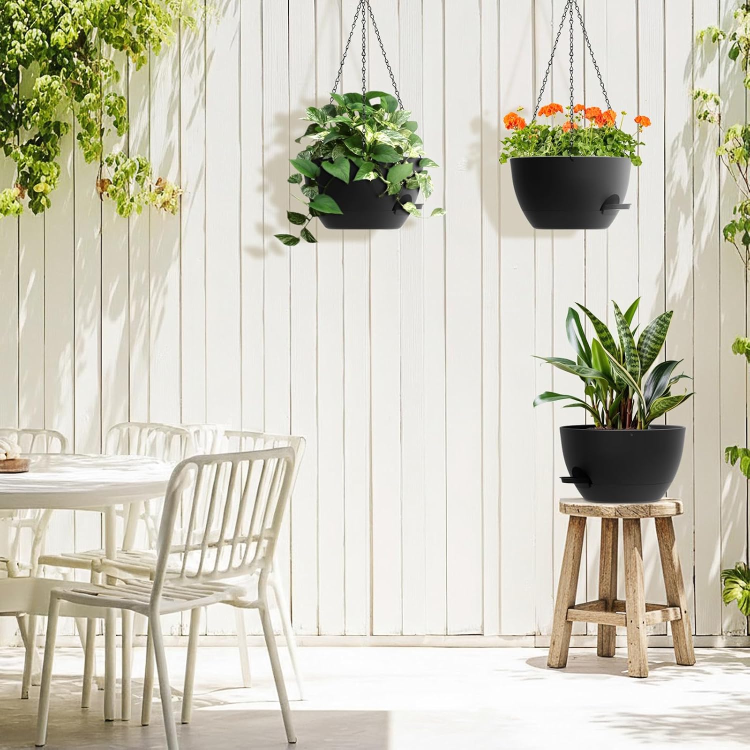 3 Pack 10 Hanging Flower Pots with Chains Self Watering Plastic Planters for Indoor Outdoor Plants, Sturdy Triangular