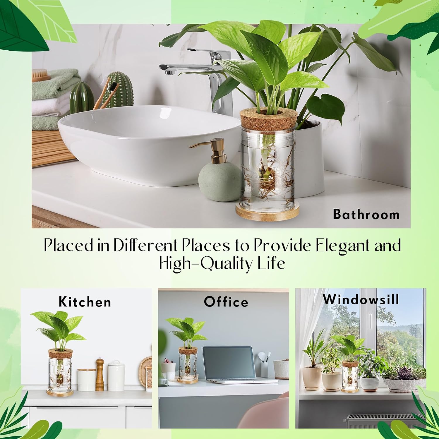 9 Packs Propagation Vases for Plants Plastic Plant Propagation Station with Hole Lid and Bamboo Stand Growing in Water