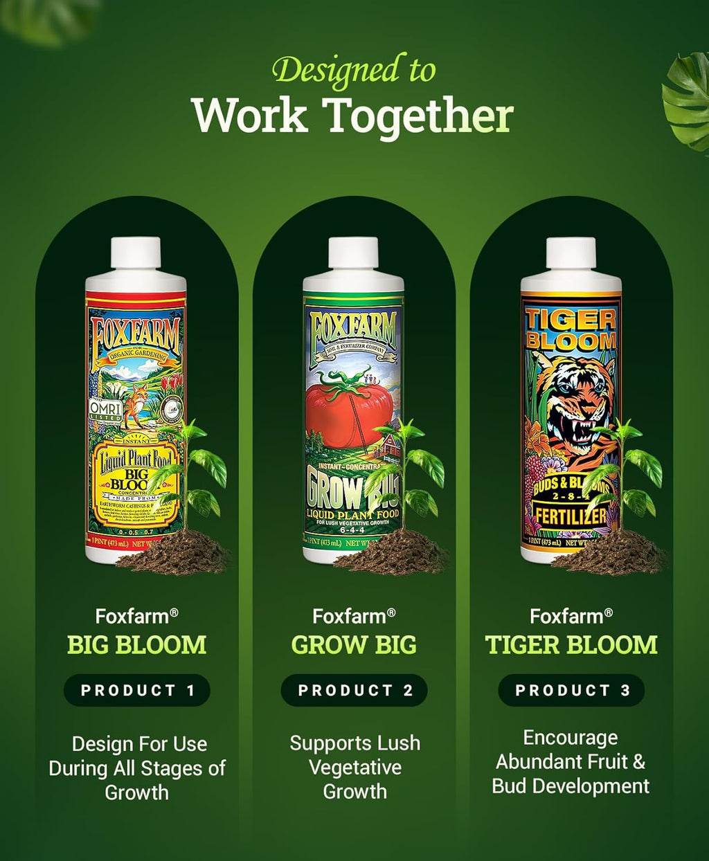 FoxFarm Soil Liquid Trio Pack - Big Bloom, Grow Big, Tiger Bloom Fertilizers Supports Vigorous Plant Growth, Bud